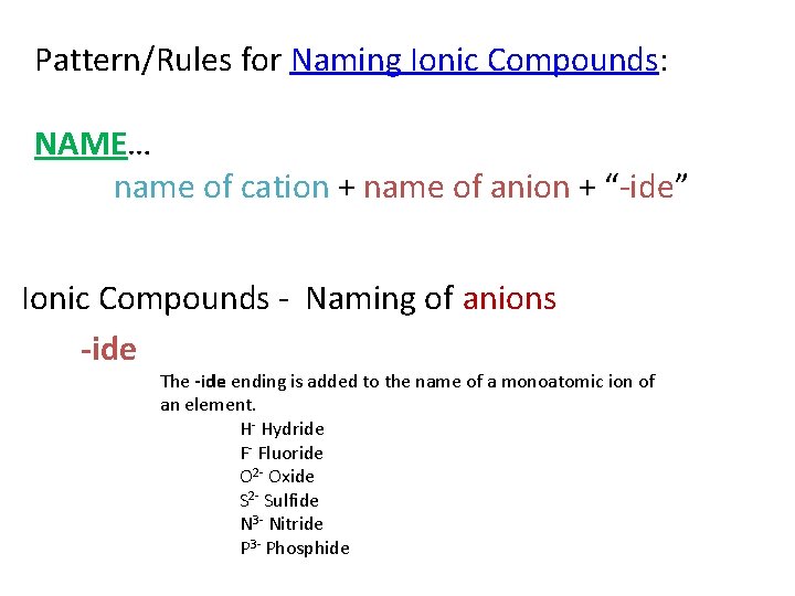 Pattern/Rules for Naming Ionic Compounds: NAME… name of cation + name of anion +