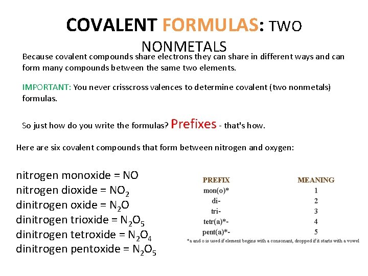 COVALENT FORMULAS: TWO NONMETALS Because covalent compounds share electrons they can share in different
