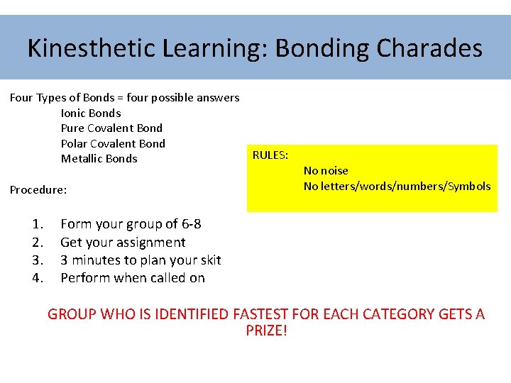 Kinesthetic Learning: Bonding Charades Four Types of Bonds = four possible answers Ionic Bonds