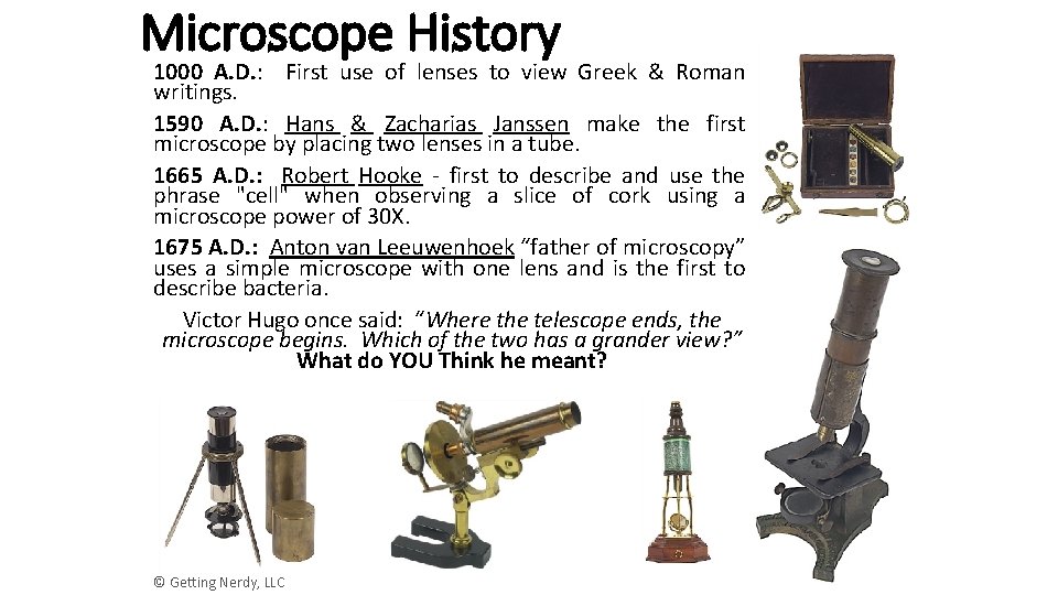 Microscope History 1000 A. D. : First use of lenses to view Greek &