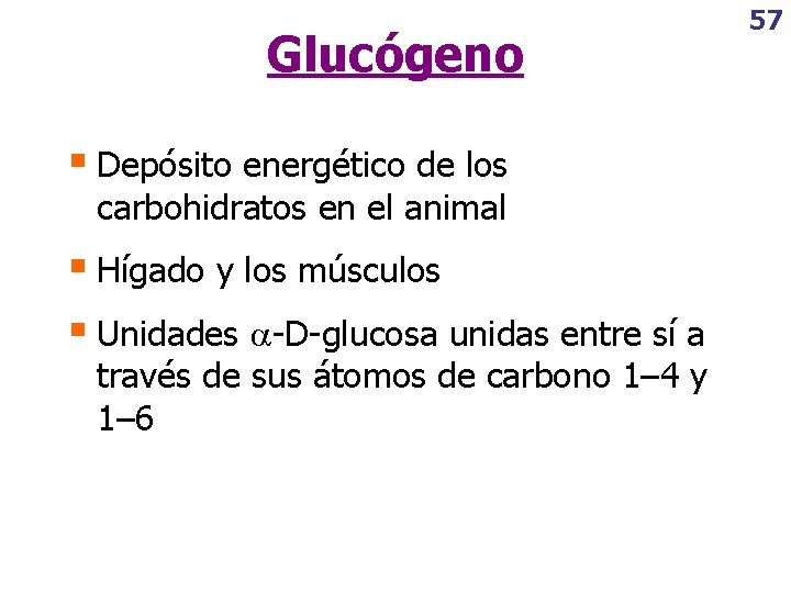 Glucógeno § Depósito energético de los carbohidratos en el animal § Hígado y los