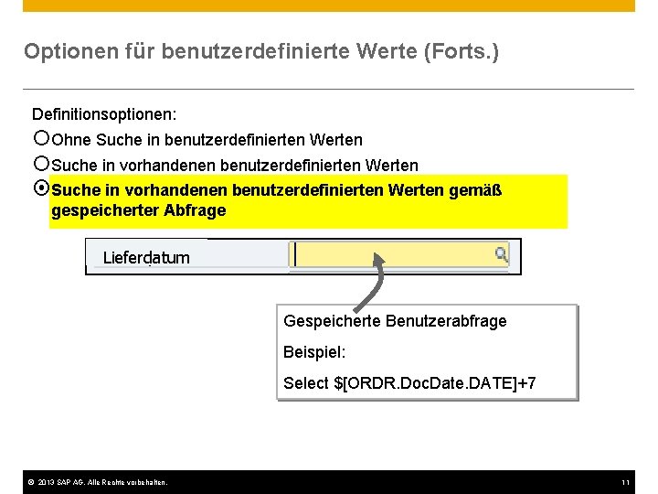 Optionen für benutzerdefinierte Werte (Forts. ) Definitionsoptionen: ¡Ohne Suche in benutzerdefinierten Werten ¡Suche in