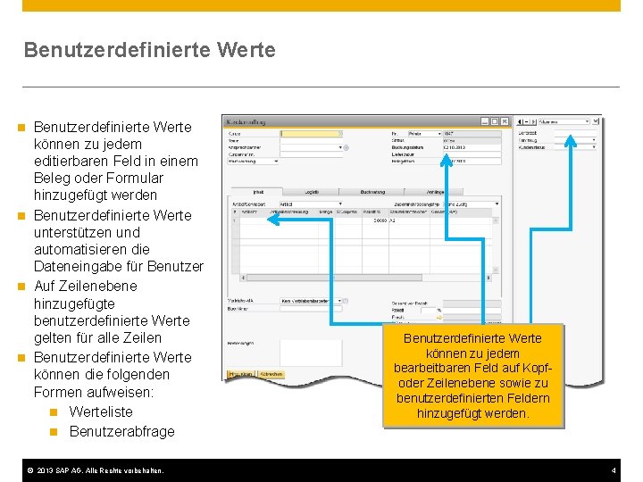 Benutzerdefinierte Werte können zu jedem editierbaren Feld in einem Beleg oder Formular hinzugefügt werden