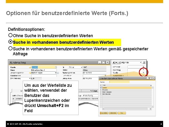 Optionen für benutzerdefinierte Werte (Forts. ) Definitionsoptionen: ¡Ohne Suche in benutzerdefinierten Werten ¤Suche in