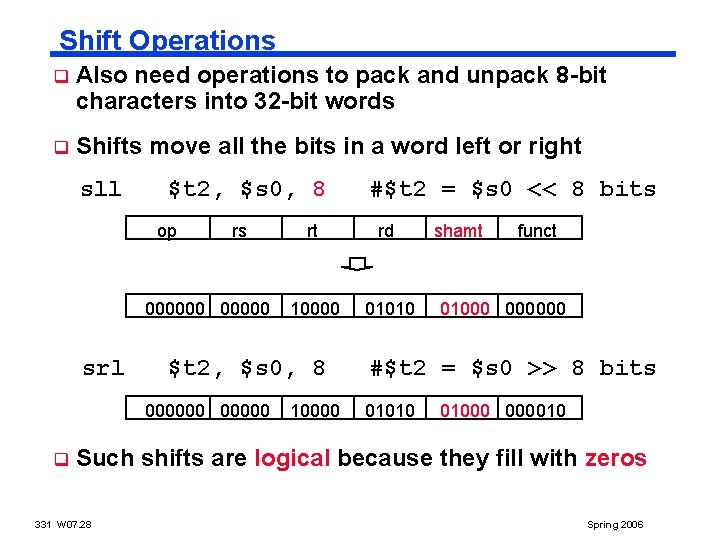 Shift Operations q Also need operations to pack and unpack 8 -bit characters into