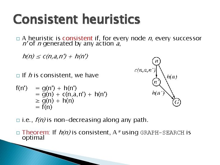 Consistent heuristics � A heuristic is consistent if, for every node n, every successor Consistent heuristics � A heuristic is consistent if, for every node n, every successor