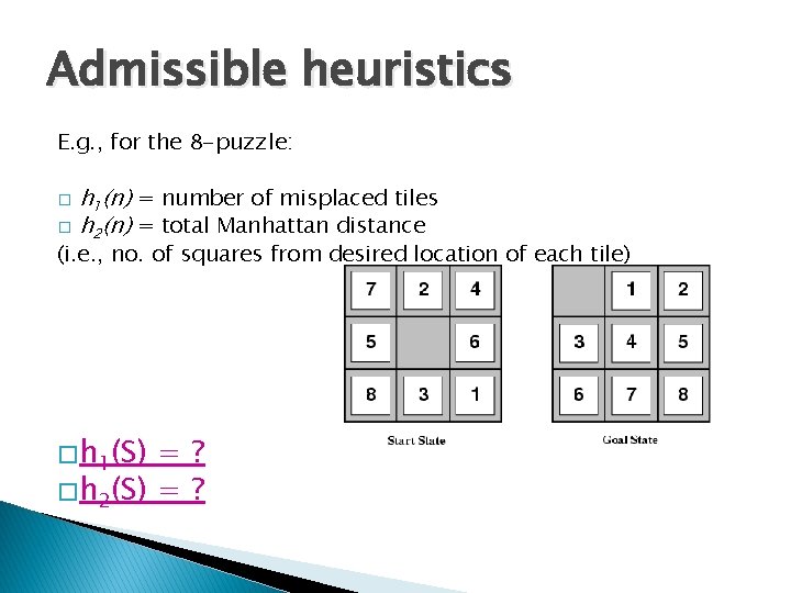 Admissible heuristics E. g. , for the 8 -puzzle: h 1(n) = number of Admissible heuristics E. g. , for the 8 -puzzle: h 1(n) = number of