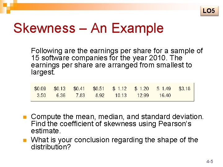 LO 5 Skewness – An Example Following are the earnings per share for a