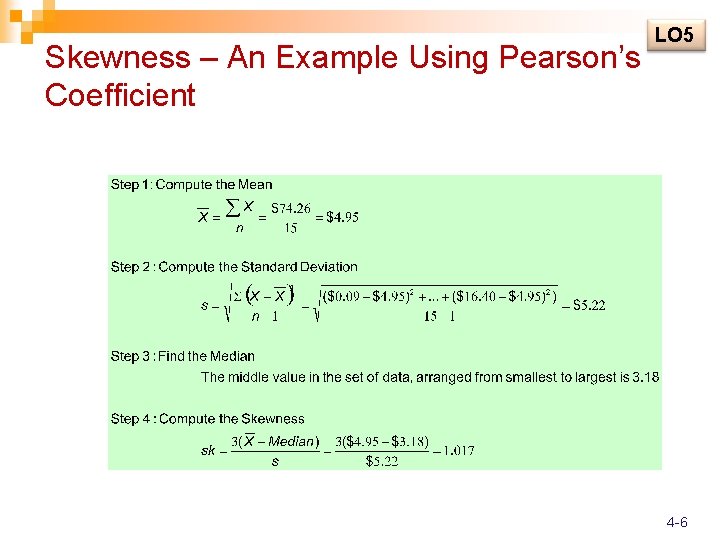 Skewness – An Example Using Pearson’s Coefficient LO 5 4 -6 