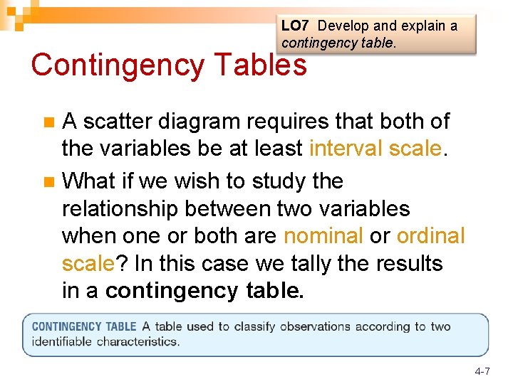 LO 7 Develop and explain a contingency table. Contingency Tables A scatter diagram requires