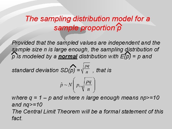 The sampling distribution model for a sample proportion p Provided that the sampled values
