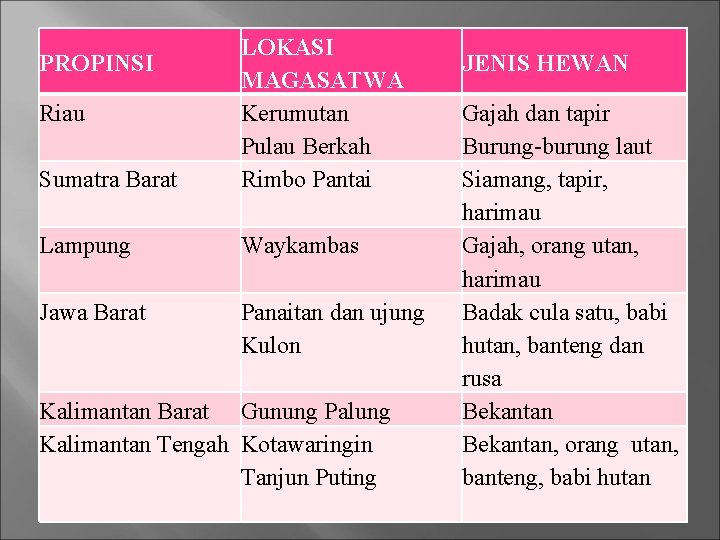 Sumatra Barat LOKASI MAGASATWA Kerumutan Pulau Berkah Rimbo Pantai Lampung Waykambas Jawa Barat Panaitan