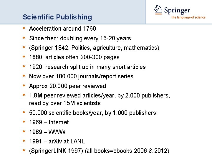 Scientific Publishing • • Acceleration around 1760 • • • 50. 000 scientific books/year,