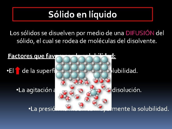 Sólido en líquido Los sólidos se disuelven por medio de una DIFUSIÓN del sólido,
