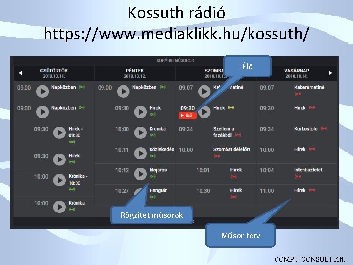 Kossuth rádió https: //www. mediaklikk. hu/kossuth/ Élő Rögzítet műsorok Műsor terv COMPU-CONSULT Kft. 