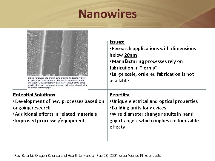 Nanowires Issues: • Research applications with dimensions below 20 nm • Manufacturing processes rely