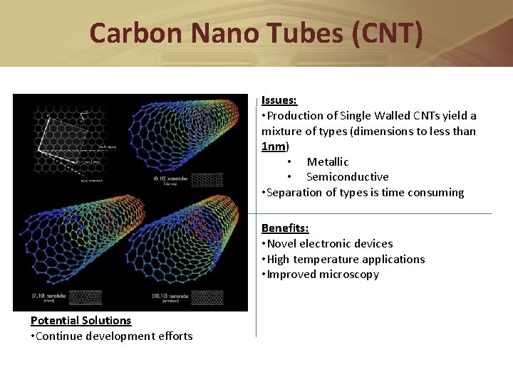 Carbon Nano Tubes (CNT) Issues: • Production of Single Walled CNTs yield a mixture