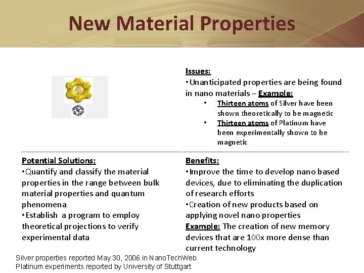 New Material Properties Issues: • Unanticipated properties are being found in nano materials –