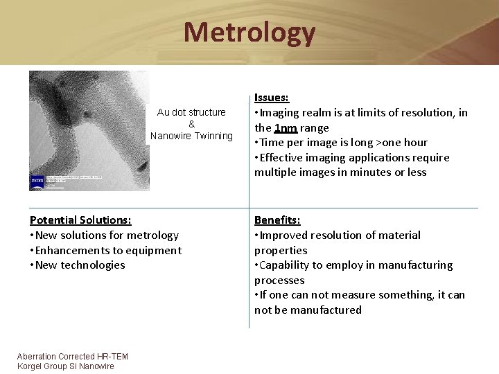 Metrology Au dot structure & Nanowire Twinning Potential Solutions: • New solutions for metrology