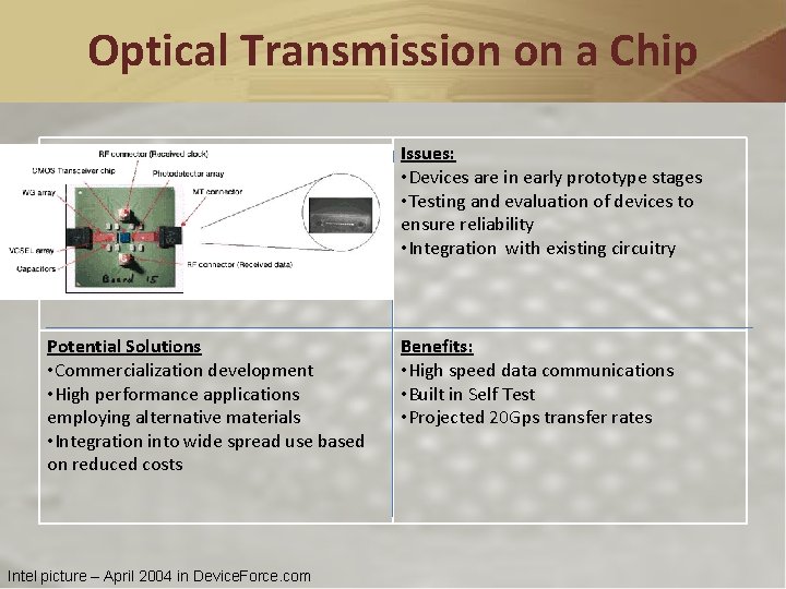 Optical Transmission on a Chip Issues: • Devices are in early prototype stages •