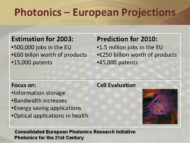 Photonics – European Projections Estimation for 2003: Prediction for 2010: Focus on: • Information