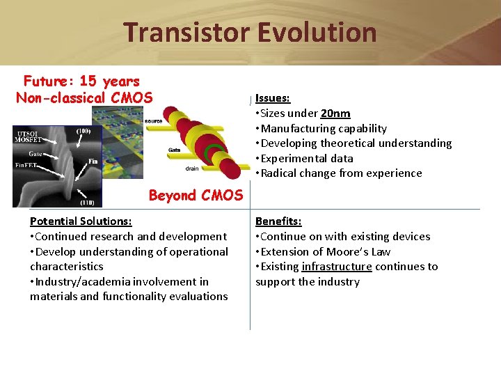 Transistor Evolution Future: 15 years Non-classical CMOS Issues: • Sizes under 20 nm •