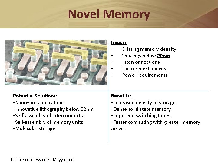 Novel Memory Issues: • Existing memory density • Spacings below 20 nm • Interconnections