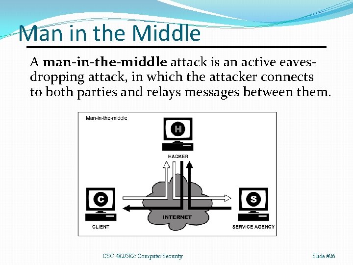 Man in the Middle A man-in-the-middle attack is an active eavesdropping attack, in which