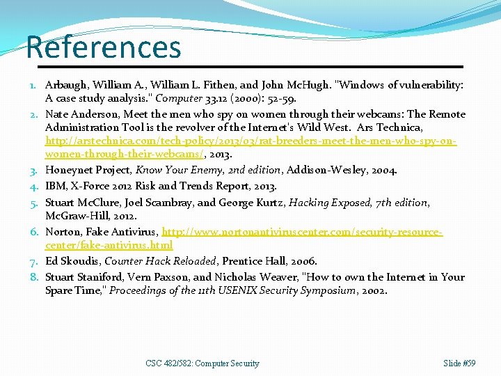 References 1. Arbaugh, William A. , William L. Fithen, and John Mc. Hugh. "Windows