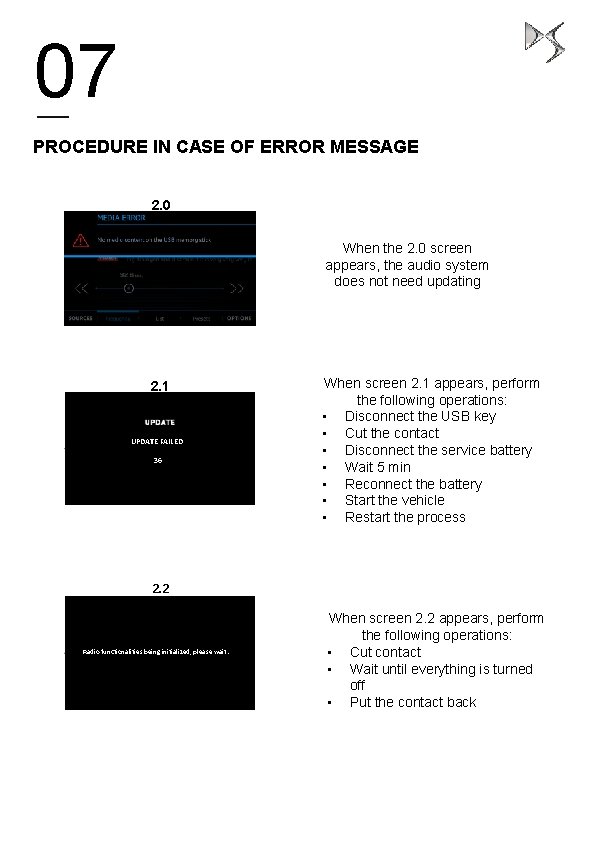 07 PROCEDURE IN CASE OF ERROR MESSAGE 2. 0 When the 2. 0 screen
