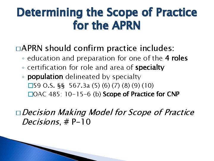 Determining the Scope of Practice for the APRN � APRN should confirm practice includes:
