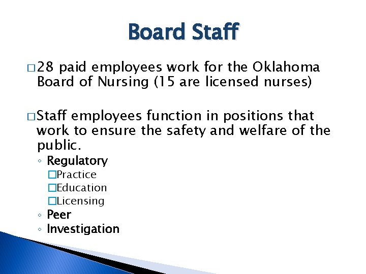 Board Staff � 28 paid employees work for the Oklahoma Board of Nursing (15
