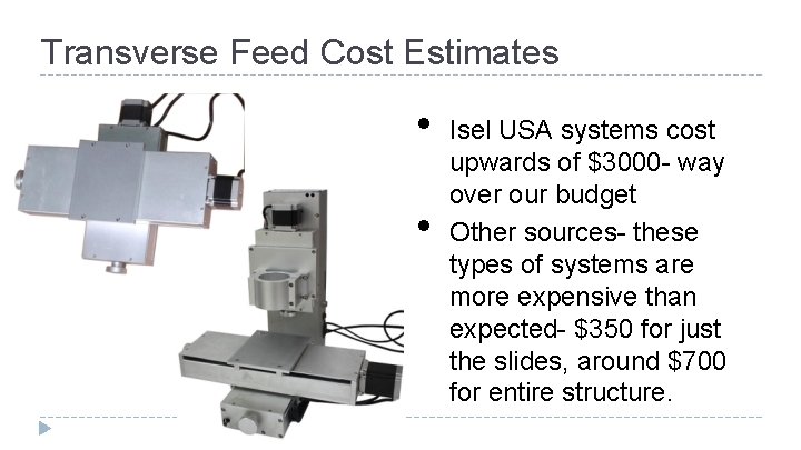 Transverse Feed Cost Estimates • • Isel USA systems cost upwards of $3000 -