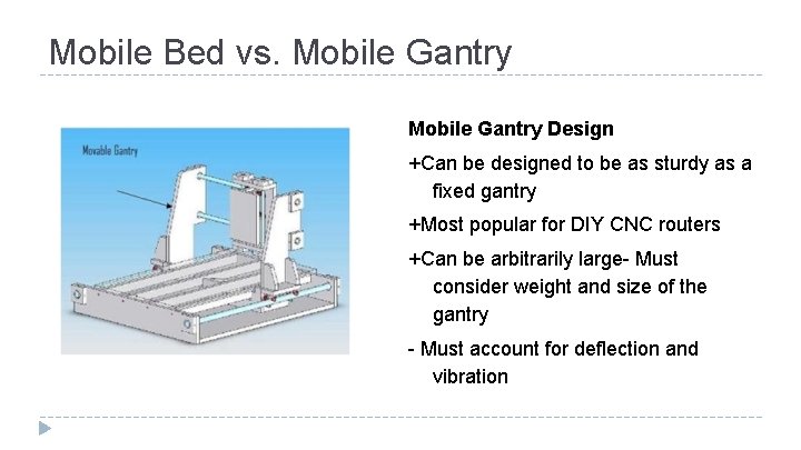 Mobile Bed vs. Mobile Gantry Design +Can be designed to be as sturdy as