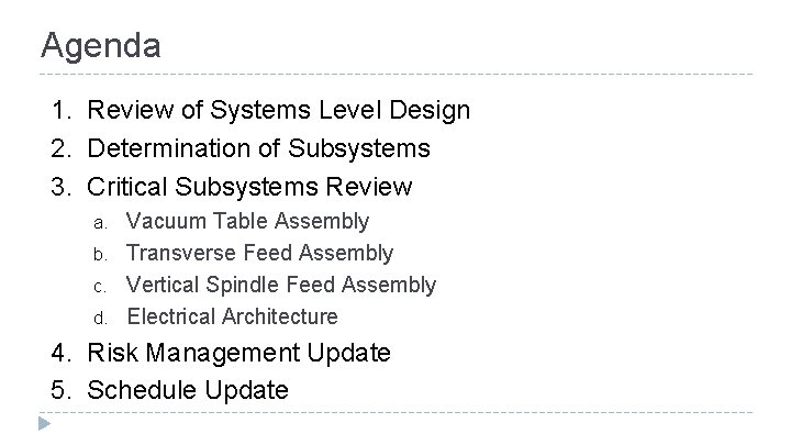 Agenda 1. Review of Systems Level Design 2. Determination of Subsystems 3. Critical Subsystems