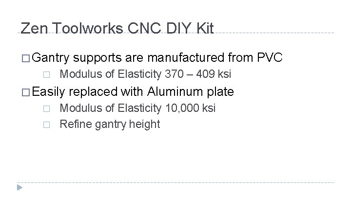 Zen Toolworks CNC DIY Kit � Gantry supports are manufactured from PVC � Modulus