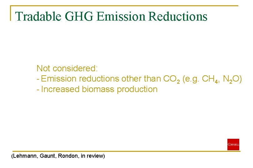 Tradable GHG Emission Reductions Not considered: - Emission reductions other than CO 2 (e.