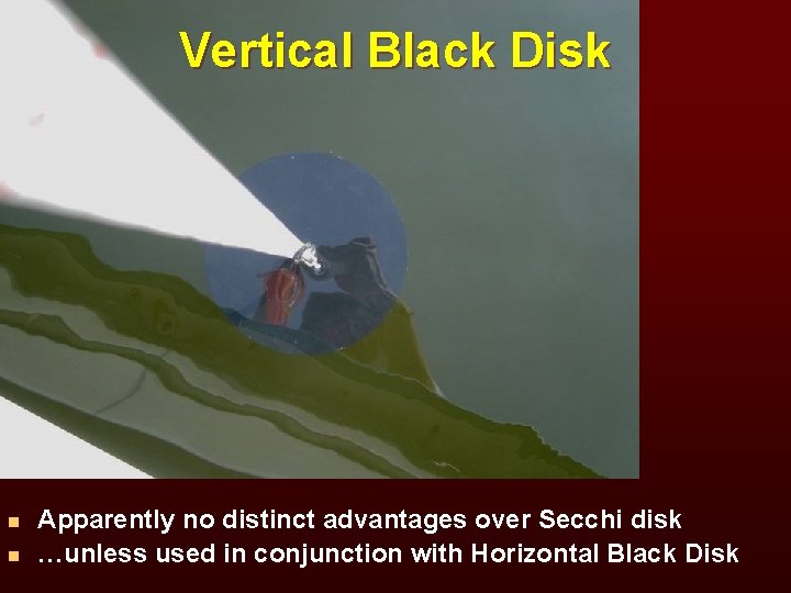 Vertical Black Disk n n Apparently no distinct advantages over Secchi disk …unless used