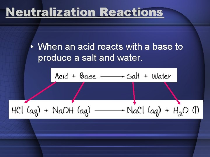 Neutralization Reactions • When an acid reacts with a base to produce a salt