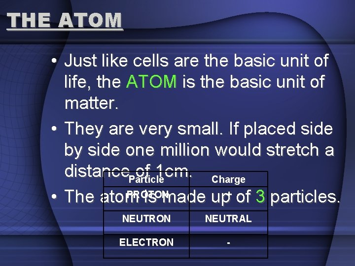 THE ATOM • Just like cells are the basic unit of life, the ATOM