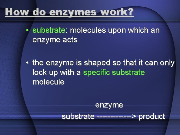 How do enzymes work? • substrate: molecules upon which an enzyme acts • the