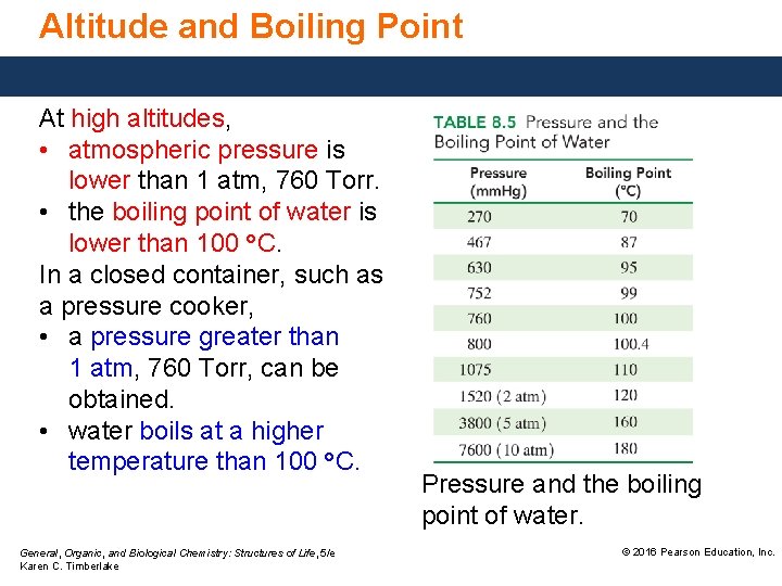 Altitude and Boiling Point At high altitudes, • atmospheric pressure is lower than 1