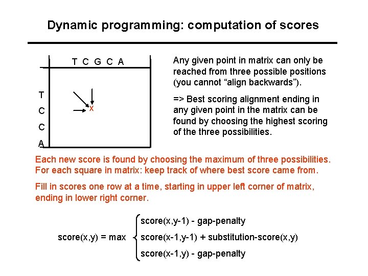 Dynamic programming: computation of scores T C G C A T C x C