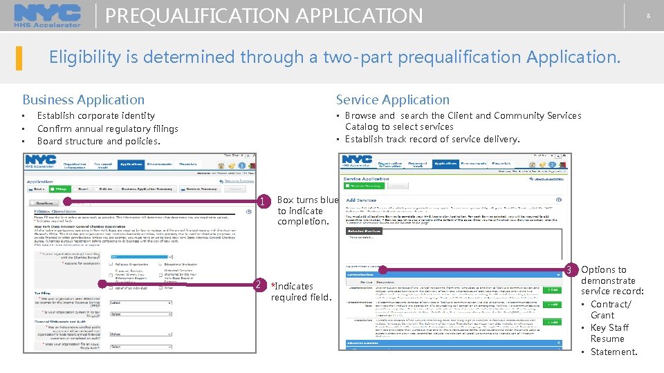 PREQUALIFICATION APPLICATION 8 Eligibility is determined through a two-part prequalification Application. Business Application •