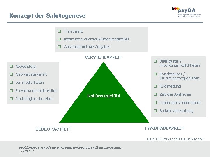 Konzept der Salutogenese � Transparenz � Informations-/Kommunikationsmöglichkeit � Ganzheitlichkeit der Aufgaben VERSTEHBARKEIT � Abwechslung