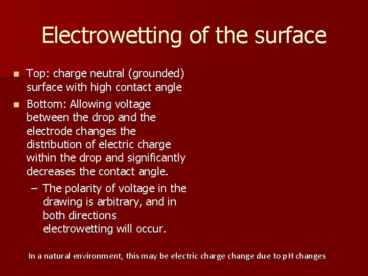 Electrowetting of the surface Top: charge neutral (grounded) surface with high contact angle n