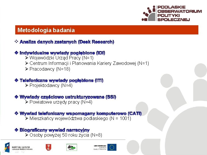 Metodologia badania v Ø Wojewódzki Urząd Pracy (N=1) Ø Centrum Informacji i Planowania Kariery