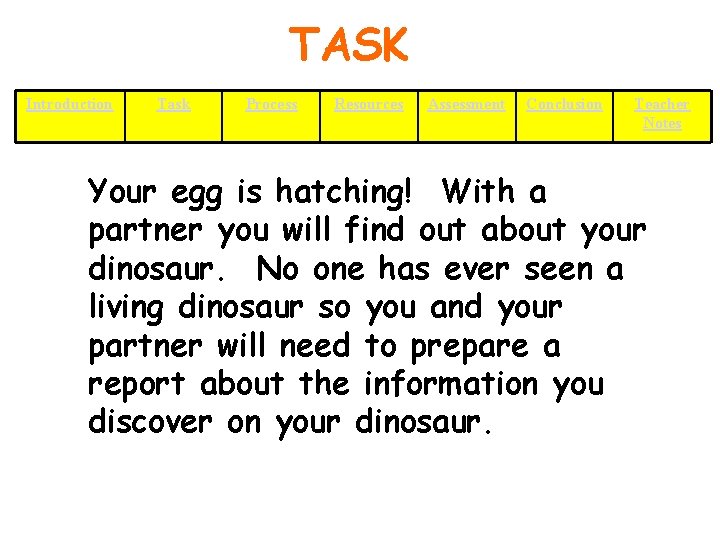 TASK Introduction Task Process Resources Assessment Conclusion Teacher Notes Your egg is hatching! With