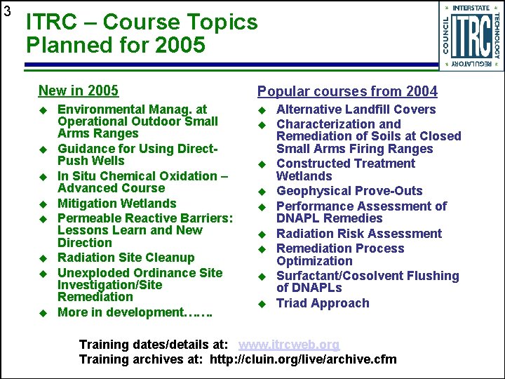 3 ITRC – Course Topics Planned for 2005 New in 2005 u u u