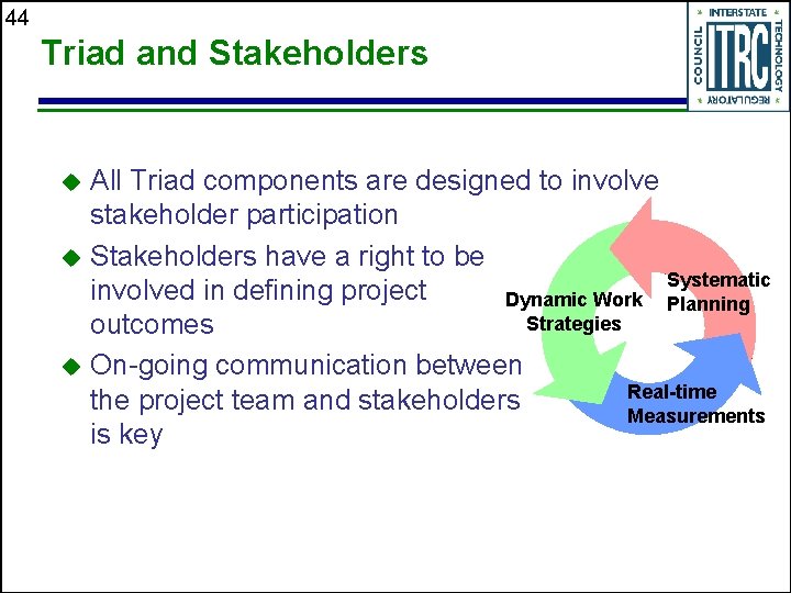 44 Triad and Stakeholders All Triad components are designed to involve stakeholder participation u